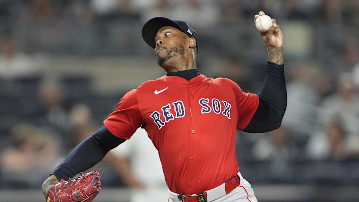 Aug 22, 2025; Bronx, New York, USA; Boston Red Sox pitcher Aroldis Chapman (44) delivers a pitch against the New York Yankees during the ninth inning at Yankee Stadium. Mandatory Credit: Gregory Fisher-Imagn Images
