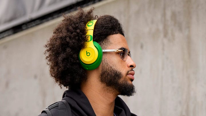 Oregon quarterback Dante Moore arrives at the field as the Oregon Ducks take on the Washington Huskies on Nov. 29, 2025, at Husky Stadium in Seattle, Washington.