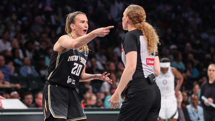 May 17, 2025; Brooklyn, New York, USA; New York Liberty guard Sabrina Ionescu (20) argues with an official after getting called for a foul in the second quarter against the Las Vegas Aces at Barclays Center. Mandatory Credit: Wendell Cruz-Imagn Images May 17, 2025; Brooklyn, New York, USA; New York Liberty guard Sabrina Ionescu (20) argues with an official after getting called for a foul in the second quarter against the Las Vegas Aces at Barclays Center. Mandatory Credit: Wendell Cruz-Imagn Images