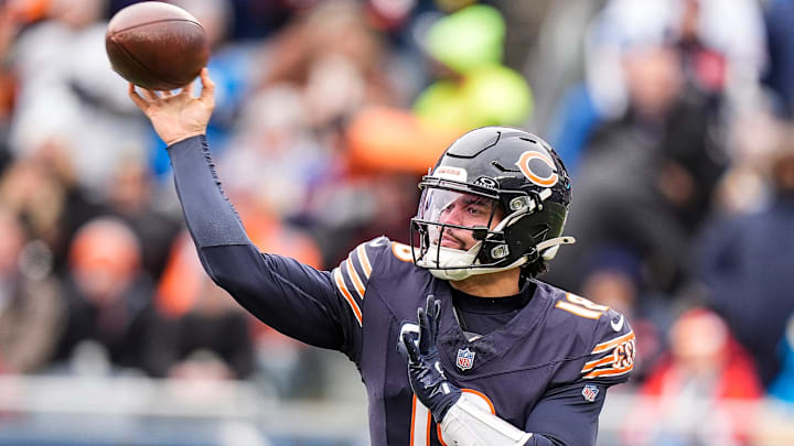 Chicago Bears quarterback Caleb Williams (18) makes a pass against Detroit Lions during the first half at Soldier Field in Chicago, Ill. on Sunday, Dec. 22, 2024.