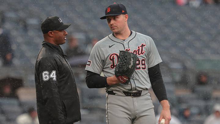 May 5, 2024; Bronx, New York, USA; Detroit Tigers starting pitcher Tarik Skubal (29) talks with umpire Alan Porter (64) during the fourth inning against the New York Yankees  at Yankee Stadium. Mandatory Credit: Vincent Carchietta-Imagn Images