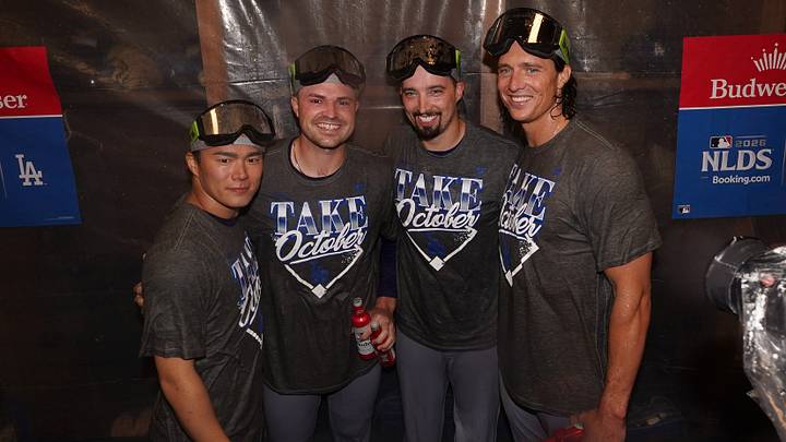 Oct 7, 2026; Cumberland, Georgia, USA; Left to right: Los Angeles Dodgers pitcher Yoshinobu Yamamoto (18), pitcher Tarik Skubal (29), pitcher Blake Snell (7), and pitcher Tyler Glasnow (31), celebrate in the locker room after defeating the Atlanta Braves in game four of the NLDS for the 2026 MLB Playoffs at Truist Park. Mandatory Credit: Dale Zanine-Imagn Images Oct 7, 2026; Cumberland, Georgia, USA; Left to right: Los Angeles Dodgers pitcher Yoshinobu Yamamoto (18), pitcher Tarik Skubal (29), pitcher Blake Snell (7), and pitcher Tyler Glasnow (31), celebrate in the locker room after defeating the Atlanta Braves in game four of the NLDS for the 2026 MLB Playoffs at Truist Park. Mandatory Credit: Dale Zanine-Imagn Images