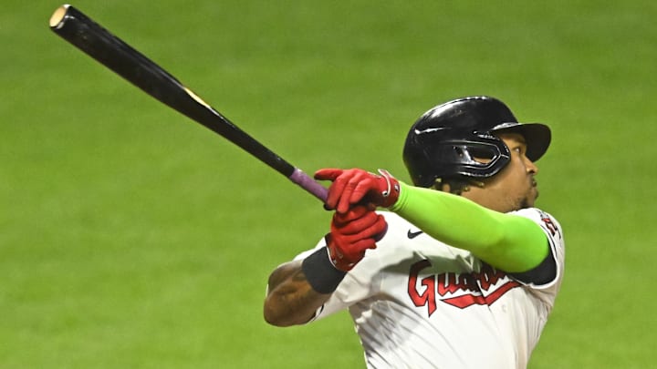 Sep 22, 2023; Cleveland, Ohio, USA; Cleveland Guardians third baseman Jose Ramirez (11) hits an RBI