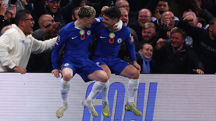 Garnacho (left) and Neto (right) celebrate together after combining for a Chelsea goal vs Wolves.