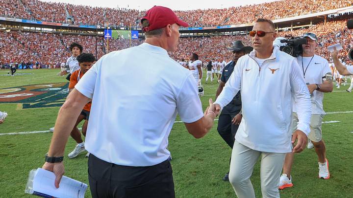 Oct 12, 2024; Dallas, Texas, USA; Oklahoma Sooners head coach Brent Venables and Texas Longhorns head coach Steve Sarkisian Oct 12, 2024; Dallas, Texas, USA; Oklahoma Sooners head coach Brent Venables and Texas Longhorns head coach Steve Sarkisian