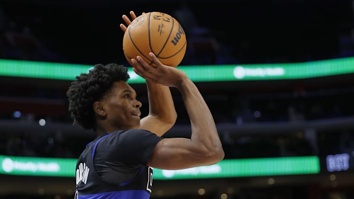 Jan 17, 2024; Detroit, Michigan, USA; Detroit Pistons forward Ausar Thompson (9) shoots in the second half against the Minnesota Timberwolves at Little Caesars Arena. Mandatory Credit: Rick Osentoski-Imagn Images