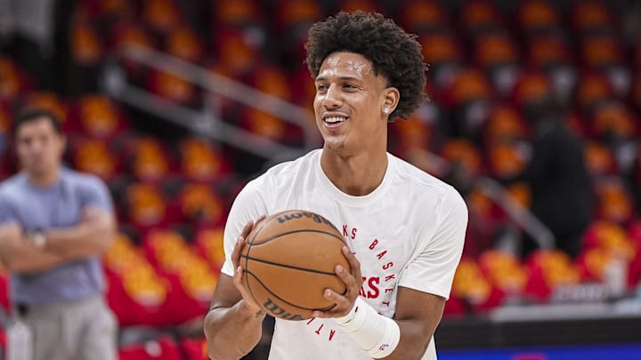 Oct 23, 2024; Atlanta, Georgia, USA; Atlanta Hawks forward Jalen Johnson (1) warms up on the court before the game against the Brooklyn Nets at State Farm Arena. Mandatory Credit: Dale Zanine-Imagn Images