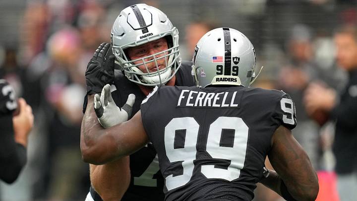 Oct 23, 2022; Paradise, Nevada, USA; Las Vegas Raiders offensive tackle Kolton Miller (74) and Las Oct 23, 2022; Paradise, Nevada, USA; Las Vegas Raiders offensive tackle Kolton Miller (74) and Las