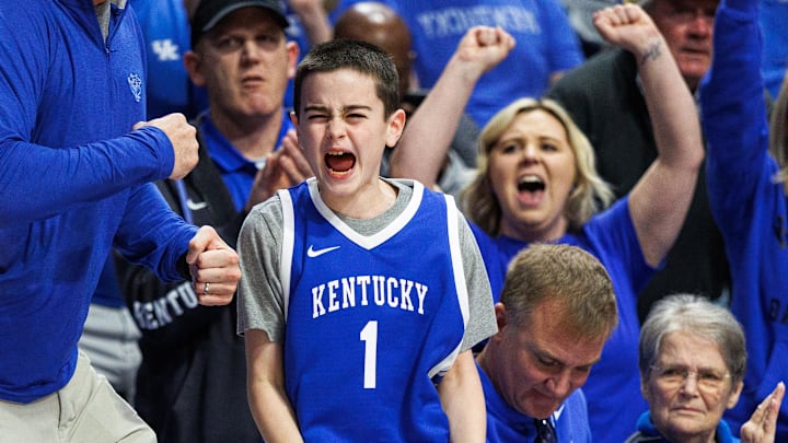 Feb 28, 2026; Lexington, Kentucky, USA; Kentucky Wildcats fans celebrate a basket during the second half against the Vanderbilt Commodores at Rupp Arena at Central Bank Center. Mandatory Credit: Jordan Prather-Imagn Images
