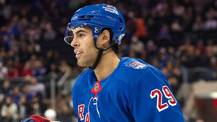 Apr 5, 2026; New York, New York, USA; New York Rangers defenseman Matthew Robertson (29) skates against the Washington Capitals during the first period at Madison Square Garden. Mandatory Credit: Danny Wild-Imagn Images