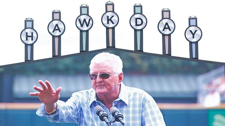 Sep 2, 2018; Chicago, IL, USA; Former baseball player and announcer Ken "Hawk" Harrelson speaks during a ceremony before game between the Chicago White Sox and the Boston Red Sox at Guaranteed Rate Field. Mandatory Credit: Jim Young-USA TODAY Sports Sep 2, 2018; Chicago, IL, USA; Former baseball player and announcer Ken "Hawk" Harrelson speaks during a ceremony before game between the Chicago White Sox and the Boston Red Sox at Guaranteed Rate Field. Mandatory Credit: Jim Young-USA TODAY Sports