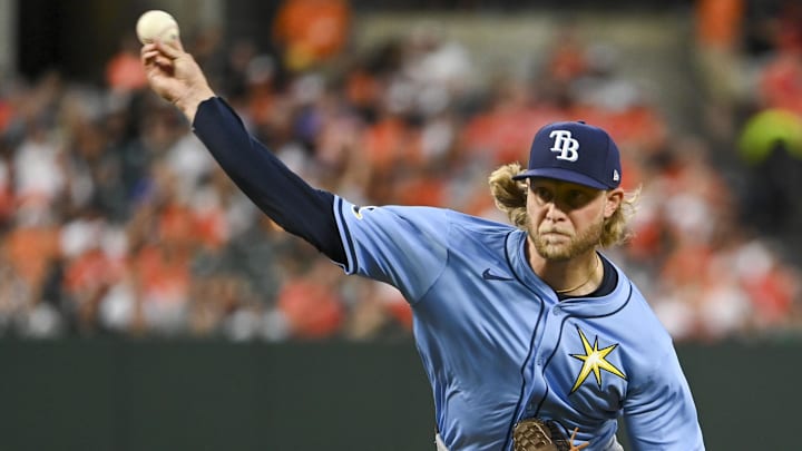Sep 6, 2024; Baltimore, Maryland, USA; Tampa Bay Rays pitcher Shane Baz (11) throws a first inning pitch against the Baltimore Orioles at Oriole Park at Camden Yards. Mandatory Credit: Tommy Gilligan-Imagn Images Sep 6, 2024; Baltimore, Maryland, USA; Tampa Bay Rays pitcher Shane Baz (11) throws a first inning pitch against the Baltimore Orioles at Oriole Park at Camden Yards. Mandatory Credit: Tommy Gilligan-Imagn Images