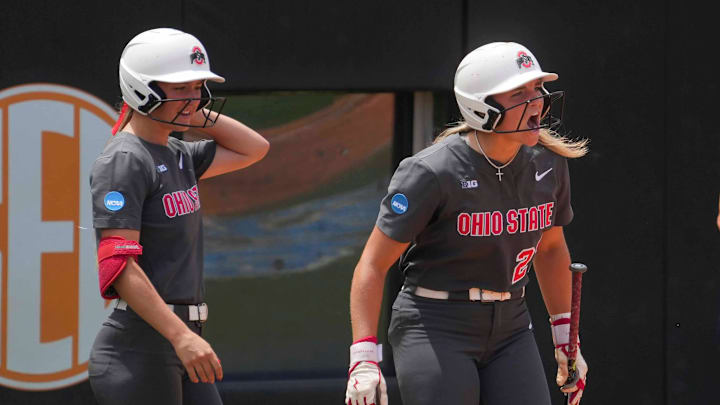 Tennessee outfielder Kinsey Fiedler (27) yells after scoring a run during an NCAA regional game between Tennessee and Ohio State at Sherri Parker Lee Stadium in Knoxville, Tenn., on May 17, 2025. Tennessee outfielder Kinsey Fiedler (27) yells after scoring a run during an NCAA regional game between Tennessee and Ohio State at Sherri Parker Lee Stadium in Knoxville, Tenn., on May 17, 2025.