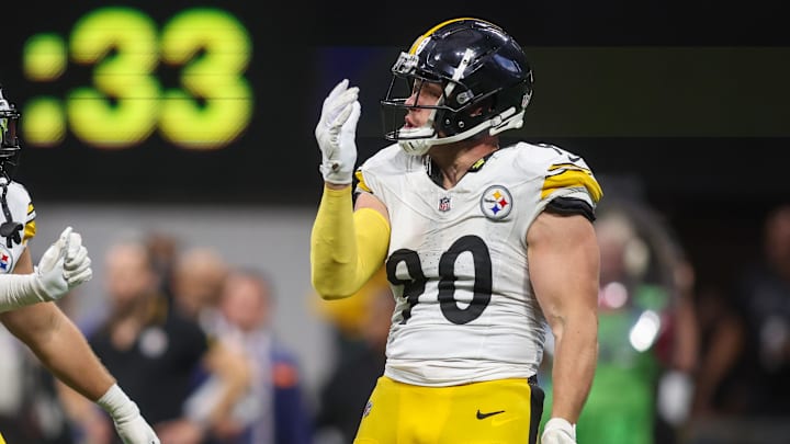 Sep 8, 2024; Atlanta, Georgia, USA; Pittsburgh Steelers linebacker T.J. Watt (90) celebrate after a sack against the Atlanta Falcons in the fourth quarter at Mercedes-Benz Stadium. Mandatory Credit: Brett Davis-Imagn Images