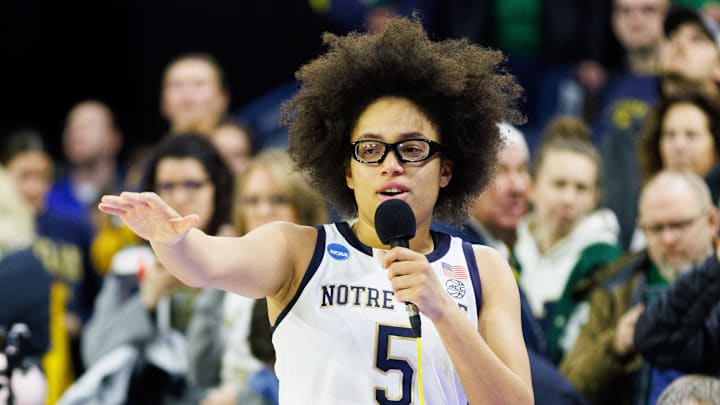 Notre Dame guard Olivia Miles addresses the crowd after winning the second round of the NCAA Women's Basketball Tournament 76-55 against Michigan at Purcell Pavilion on Sunday, March 23, 2025, in South Bend.