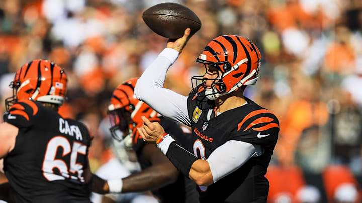 Nov 3, 2024; Cincinnati, Ohio, USA; Cincinnati Bengals quarterback Joe Burrow (9) throws a pass against the Las Vegas Raiders in the first half at Paycor Stadium. Mandatory Credit: Katie Stratman-Imagn Images Nov 3, 2024; Cincinnati, Ohio, USA; Cincinnati Bengals quarterback Joe Burrow (9) throws a pass against the Las Vegas Raiders in the first half at Paycor Stadium. Mandatory Credit: Katie Stratman-Imagn Images