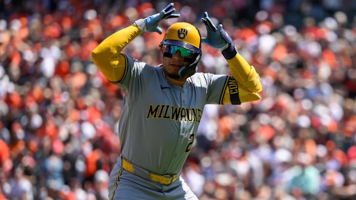 Apr 14, 2024; Baltimore, Maryland, USA; Milwaukee Brewers catcher William Contreras (24) celebrates