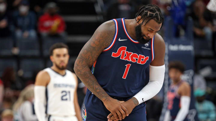 Dec 13, 2021; Memphis, Tennessee, USA; Philadelphia 76ers center Andre Drummond (1) reacts during the first half against the Memphis Grizzles at FedExForum. Mandatory Credit: Petre Thomas-USA TODAY Sports