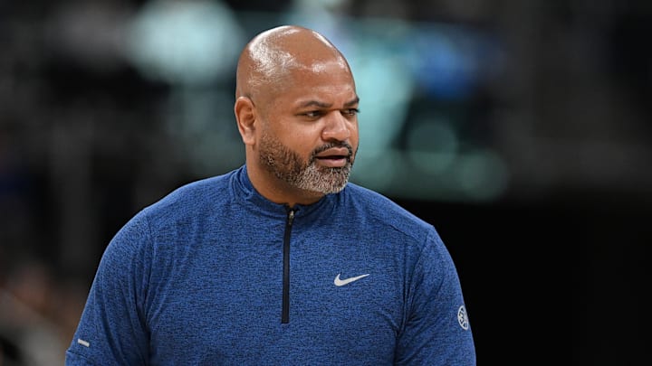 Jan 6, 2025; Detroit, Michigan, USA; Detroit Pistons head coach J.B. Bickerstaff watches the action from the bench during their game against the Portland Trail Blazers in the second quarter at Little Caesars Arena. Mandatory Credit: Lon Horwedel-Imagn Images