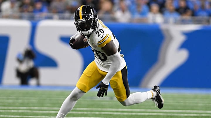 Aug 24, 2024; Detroit, Michigan, USA;  Pittsburgh Steelers cornerback Cameron Sutton (20) runs upfield after intercepting a pass against the Detroit Lions in the third quarter at Ford Field. Mandatory Credit: Lon Horwedel-Imagn Images