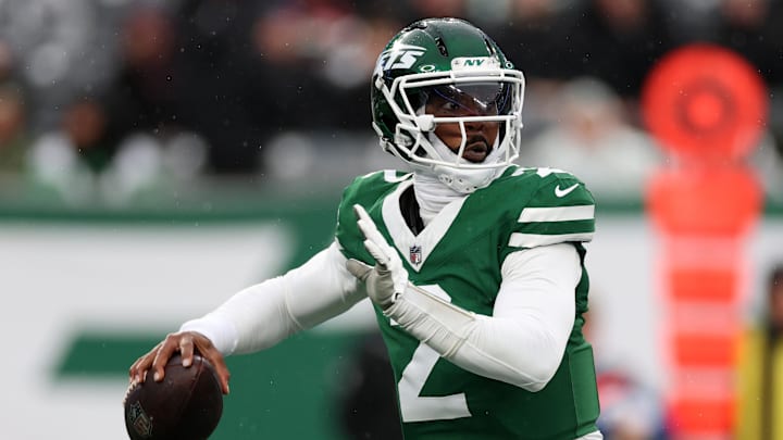 Nov 30, 2025; East Rutherford, New Jersey, USA; New York Jets quarterback Tyrod Taylor (2) drops back to pass against the Atlanta Falcons during the first half at MetLife Stadium. Mandatory Credit: Vincent Carchietta-Imagn Images
