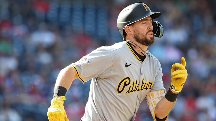 Sep 13, 2025; Washington, District of Columbia, USA; Pittsburgh Pirates shortstop Jared Triolo (19) lays down a bunt for a single during the third inning against the Washington Nationals at Nationals Park. Mandatory Credit: Daniel Kucin Jr.-Imagn Images