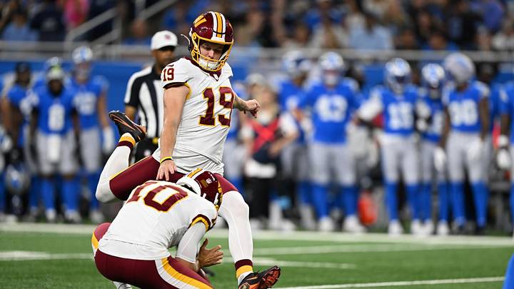 Aug 22, 2026; Detroit, Michigan, USA; Washington Commanders placekicker Drew Stevens (19) kicks an extra point against the Detroit Lions in the first quarter at Ford Field. Mandatory Credit: Lon Horwedel-Imagn Images Aug 22, 2026; Detroit, Michigan, USA; Washington Commanders placekicker Drew Stevens (19) kicks an extra point against the Detroit Lions in the first quarter at Ford Field. Mandatory Credit: Lon Horwedel-Imagn Images
