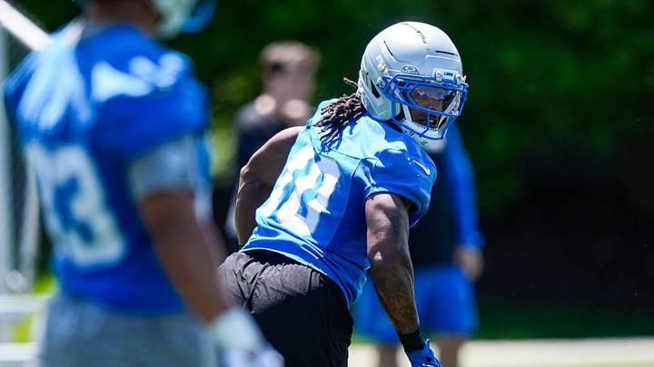 Detroit Lions running back Isiah Pacheco (10) practices a drill during OTAs at Meijer Performance Center in Allen Park on Friday, May 29, 2026.