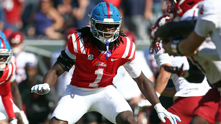 Oct 11, 2025; Oxford, Mississippi, USA; Mississippi Rebels linebacker Princewill Umanmielen (1) defends during the fourth quarter against the Washington State Cougars at Vaught-Hemingway Stadium. Mandatory Credit: Petre Thomas-Imagn Images