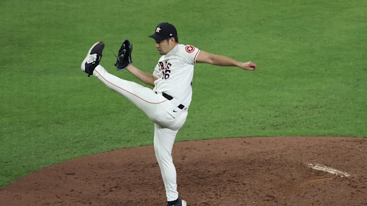 Sep 19, 2024; Houston, Texas, USA;   Houston Astros starting pitcher Yusei Kikuchi (16) pitches against the Los Angeles Angels in the fifth inning at Minute Maid Park.