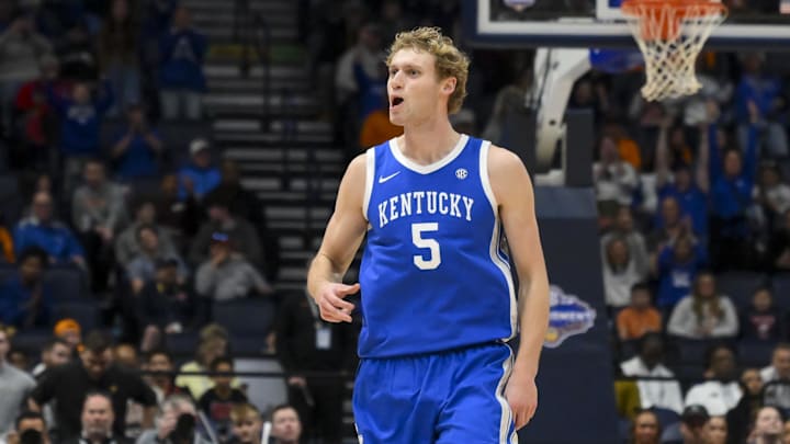 Mar 12, 2026; Nashville, TN, USA;  Kentucky Wildcats guard Collin Chandler (5) reacts after a made three point basket against the Missouri Tigers during the second half at Bridgestone Arena. Mandatory Credit: Steve Roberts-Imagn Images
