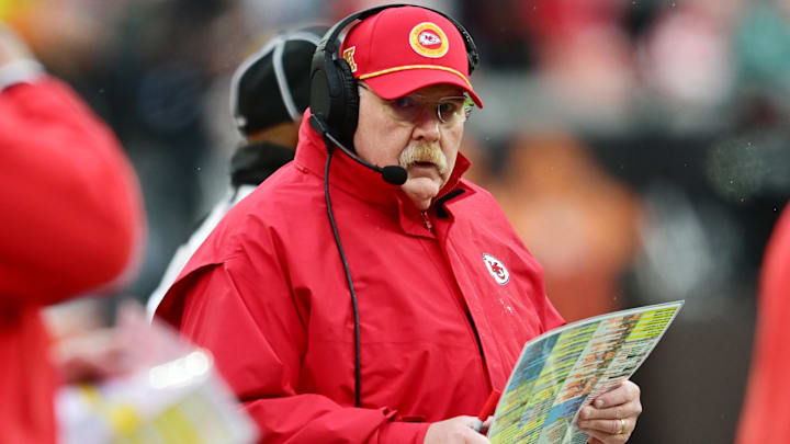 Dec 15, 2024; Cleveland, Ohio, USA; Kansas City Chiefs head coach Andy Reid during the first half against the Cleveland Browns at Huntington Bank Field. Mandatory Credit: Ken Blaze-Imagn Images