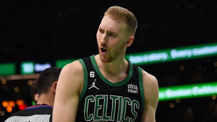 Apr 9, 2023; Boston, Massachusetts, USA; Boston Celtics forward Sam Hauser (30) reacts after getting for a foul during the first half against the Atlanta Hawks at TD Garden. Mandatory Credit: Bob DeChiara-USA TODAY Sports Apr 9, 2023; Boston, Massachusetts, USA; Boston Celtics forward Sam Hauser (30) reacts after getting for a foul during the first half against the Atlanta Hawks at TD Garden. Mandatory Credit: Bob DeChiara-USA TODAY Sports