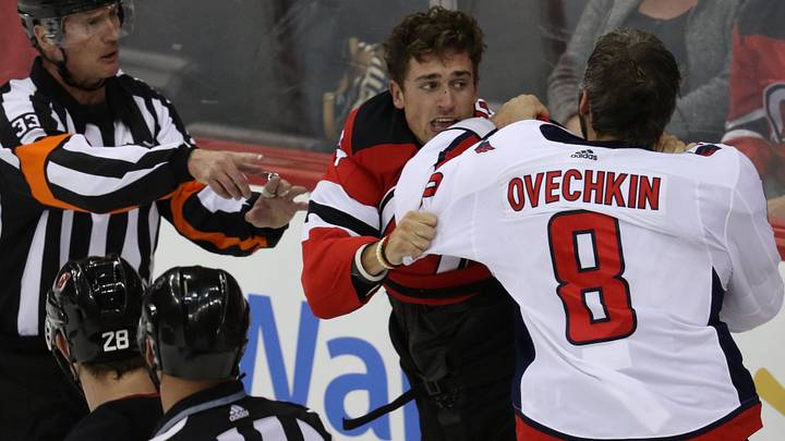 Miles Wood, of the Devils, and Alex Ovechkin, of the Capitals, get into a fight in the first period. Thursday, October 11, 2018

Devils