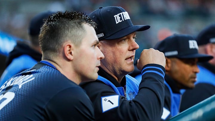 Detroit Tigers manager A.J. Hinch talks to pitcher Tarik Skubal during the seventh inning against the Houston Astros at Comerica Park in Detroit on Saturday, May 11, 2024.