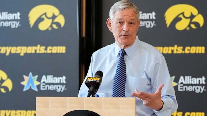 Iowa head football coach Kirk Ferentz gives team updates during a press conference as spring training begins Wednesday, March 26, 2025 in Iowa City, Iowa.