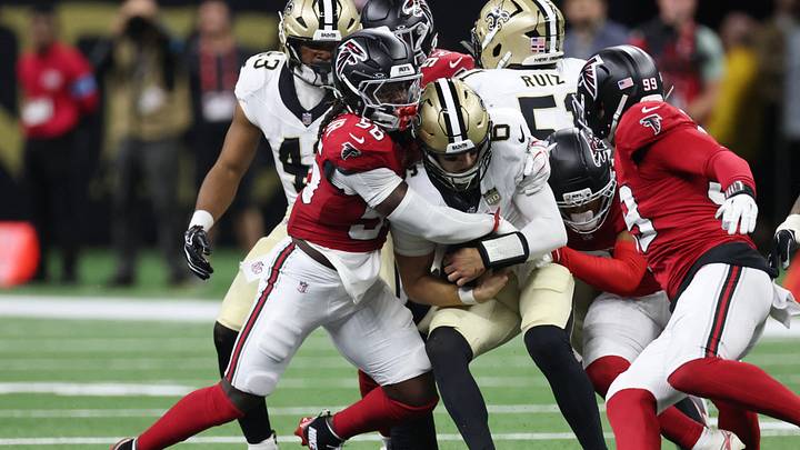 Oct 5, 2026; New Orleans, Louisiana, USA; Atlanta Falcons linebacker Harold Perkins Jr. (56) tackles New Orleans Saints quarterback Tyler Shough (6) during the first half at Caesars Superdome. Mandatory Credit: Stephen Lew-Imagn Images Oct 5, 2026; New Orleans, Louisiana, USA; Atlanta Falcons linebacker Harold Perkins Jr. (56) tackles New Orleans Saints quarterback Tyler Shough (6) during the first half at Caesars Superdome. Mandatory Credit: Stephen Lew-Imagn Images