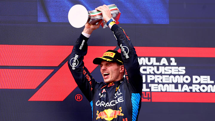 Race winner Max Verstappen of the Netherlands and Oracle Red Bull Racing celebrates on the podium during the F1 Grand Prix of Emilia-Romagna at Autodromo Enzo e Dino Ferrari Circuit on May 19, 2024 in Imola, Italy.