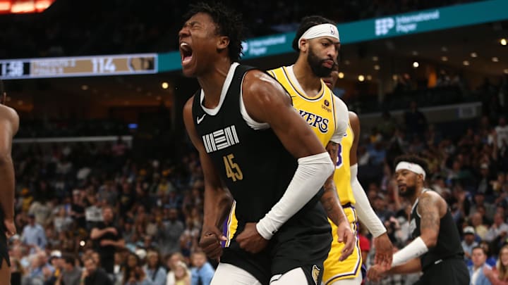 Apr 12, 2024; Memphis, Tennessee, USA; Memphis Grizzlies forward GG Jackson (45) reacts after a dunk