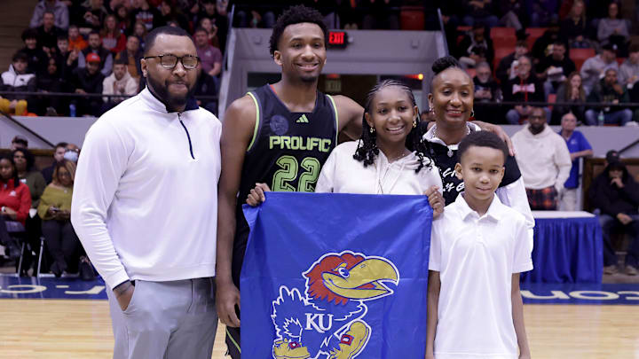 Darryn Peterson, a Kansas recruit, and his family are recognized before Prolific Prep’s game against St. Vincent-St. Mary in the Scholastic Play-by-Play Classic, Tuesday, Feb. 18, 2025, at Canton Memorial Civic Center.