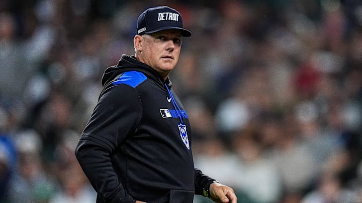 Detroit Tigers manager A.J. Hinch (14) walks off the field after a pitching change during the fifth nning against Chicago White Sox at Comerica Park in Detroit on Friday, September 5, 2025.