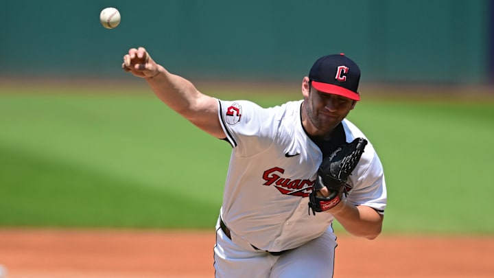 Aug 4, 2024; Cleveland, Ohio, USA; Cleveland Guardians starting pitcher Gavin Williams (32) throws a pitch during the first inning against the Baltimore Orioles at Progressive Field. Mandatory Credit: David Dermer-Imagn Images