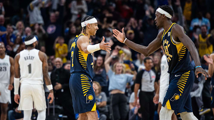 Mar 19, 2025; Indianapolis, Indiana, USA: Indiana Pacers guard Andrew Nembhard (2) celebrates the Go ahead basket with forward Pascal Siakam (43) in the second half against the Dallas Mavericks at Gainbridge Fieldhouse. Mandatory Credit: Trevor Ruszkowski-Imagn Images Mar 19, 2025; Indianapolis, Indiana, USA: Indiana Pacers guard Andrew Nembhard (2) celebrates the Go ahead basket with forward Pascal Siakam (43) in the second half against the Dallas Mavericks at Gainbridge Fieldhouse. Mandatory Credit: Trevor Ruszkowski-Imagn Images