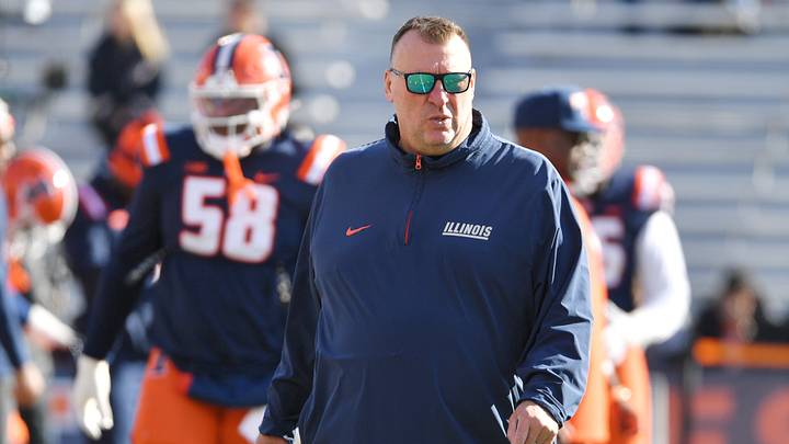 Nov 1, 2025; Champaign, Illinois, USA; Illinois Fighting Illini head coach Bret Bielema before an NCAA game against the Rutgers Scarlet Knights at Memorial Stadium. Mandatory Credit: Ron Johnson-Imagn Images Nov 1, 2025; Champaign, Illinois, USA; Illinois Fighting Illini head coach Bret Bielema before an NCAA game against the Rutgers Scarlet Knights at Memorial Stadium. Mandatory Credit: Ron Johnson-Imagn Images