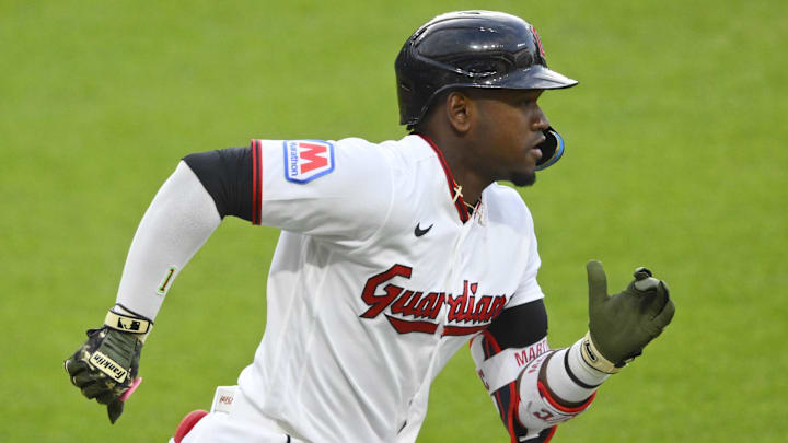 May 15, 2026; Cleveland, Ohio, USA; Cleveland Guardians left fielder Angel Martinez (1) runs out a single in the second inning against the Cincinnati Reds at Progressive Field. Mandatory Credit: David Richard-Imagn Images