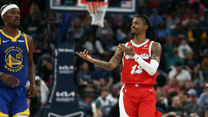 Ja Morant reacts after a basket against the Golden State Warriors.