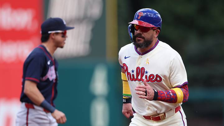 Sep 6, 2026; Philadelphia, Pennsylvania, USA; Philadelphia Phillies designated hitter Kyle Schwarber (12) runs the bases against the Atlanta Braves during the first inning at Citizens Bank Park. Mandatory Credit: Bill Streicher-Imagn Images