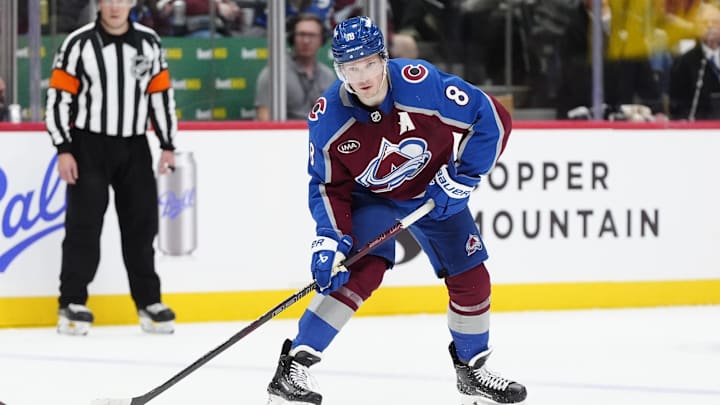 Colorado Avalanche defenseman Cale Makar controls the puck in the second period against the Detroit Red Wings.