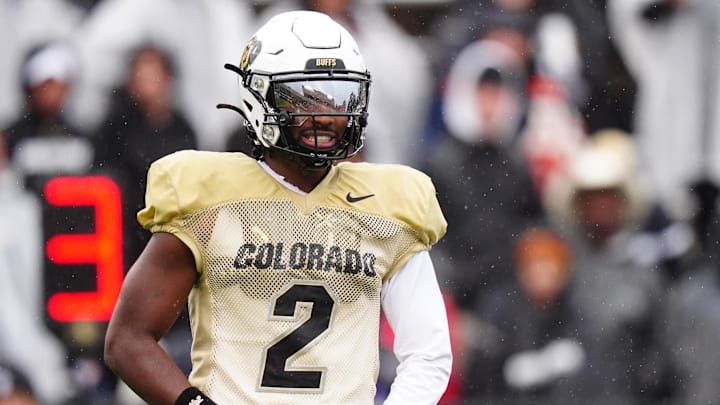 Apr 27, 2024; Boulder, CO, USA; Colorado Buffaloes quarterback Shedeur Sanders (2) during a spring