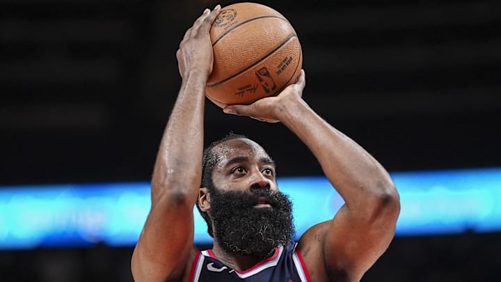 Mar 14, 2025; Atlanta, Georgia, USA; LA Clippers guard James Harden (1) shoots a free throw against the Atlanta Hawks during the second half at State Farm Arena. Mandatory Credit: Dale Zanine-Imagn Images